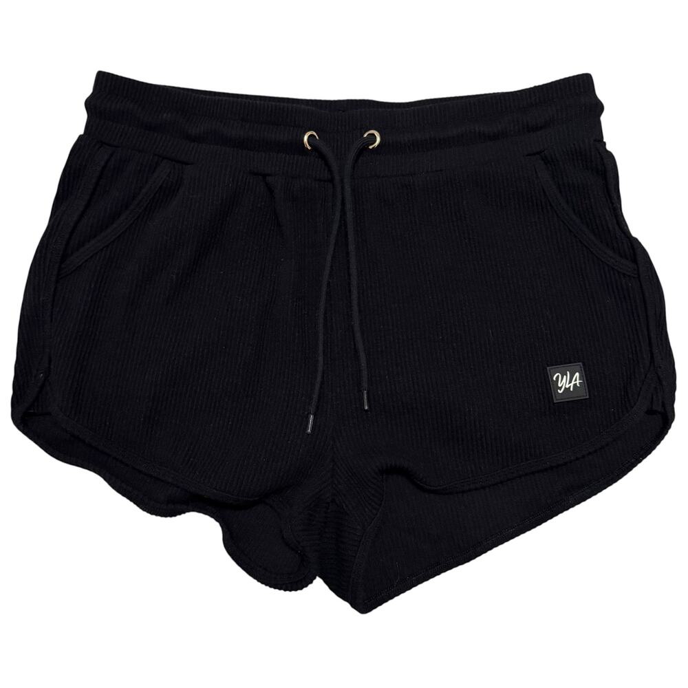 YoungLA Athletic Shorts Ribbed Hot Pants Loungewear YLA Logo Patch Black Large